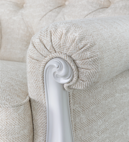 Paris armchair upholstered in beige fabric, structure and feet lacquered in pearl.