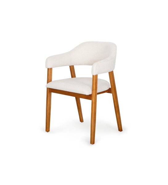 Chaise avec accoudoirs, en bois de frêne couleur miel, avec assise et dossier recouverts de tissu perle