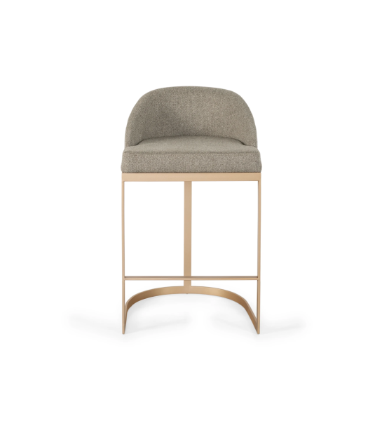 Taburete con asiento y respaldo tapizados en tela, con estructura de metal lacado en dorado