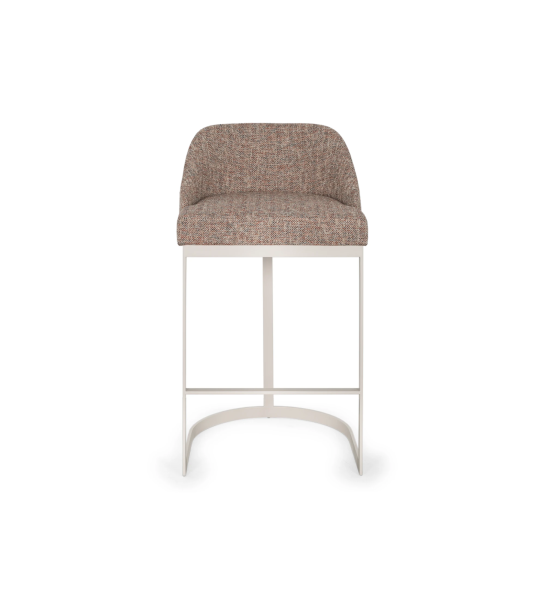 Taburete con asiento y respaldo tapizados en tela, con estructura de metal lacado en perla