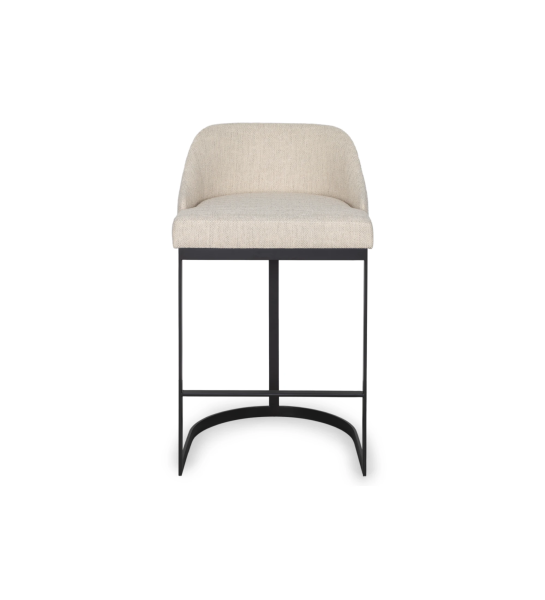 Banco con asiento y respaldo tapizado en tela beige, con pie de estructura de metal lacado en negro.
