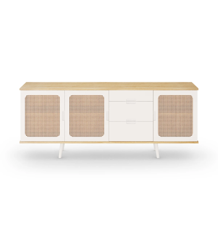 Sideboard with 3 rattan detail doors, 3 drawers and pearl lacquered legs, natural color oak structure.