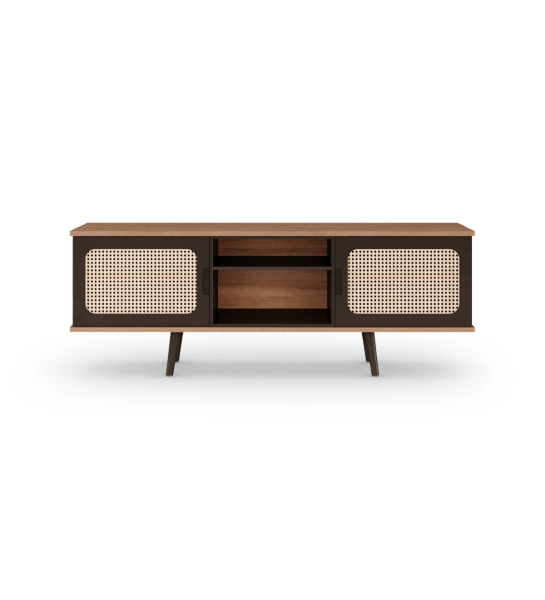 Móvel TV Malmo 2 portas pormenor em rattan, módulo e pés lacados a castanho escuro, estrutura em nogueira, 160 x 58,8 cm.
