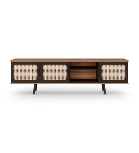 Meuble TV Malmo 3 portes, détail en rotin, module et pieds laqués marron foncé, structure en noyer, 200 x 58,8 cm.