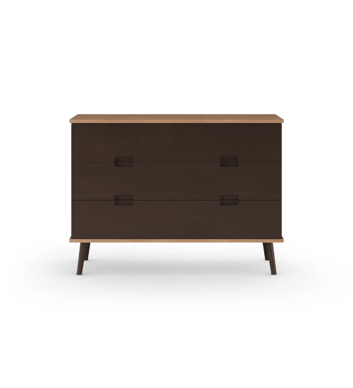 Dresser with 3 drawers with dark brown lacquered fronts, dark brown lacquered turned legs, walnut structure.