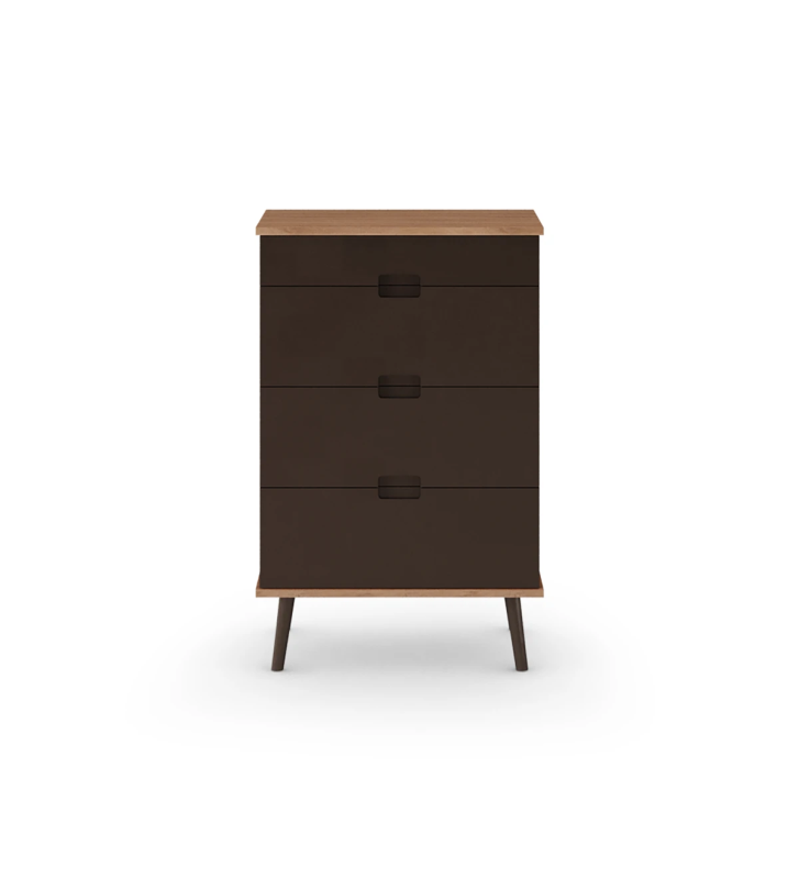 Dresser with 4 drawers with dark brown lacquered fronts, dark brown lacquered turned legs and walnut structure.