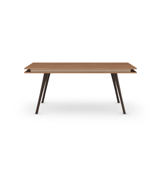 Mesa de comedor rectangular Malmo 180 x 100 cm, tapa en nogal, pies lacadas marrón oscuro.