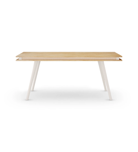 Table de repas rectangulaire extensible avec plateau en chêne naturel et pieds laqués perle.