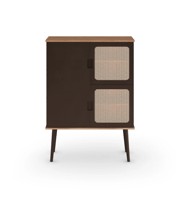 Cupboard with 3 doors, rattan detail in 2 doors, walnut structure, lacquered dark brown doors and feet.