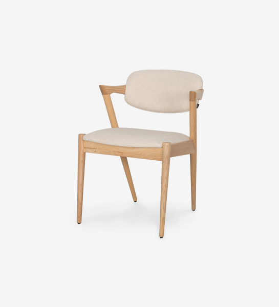 Chair in natural ash wood, with seat and back upholstered in fabric