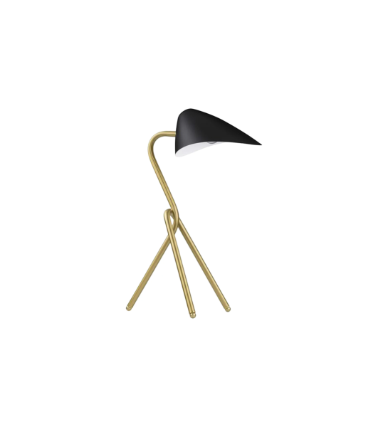 Lámpara de sobremesa con base de aluminio dorado y pantalla de aluminio negro.