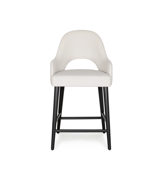 Tabouret avec accoudoirs en tissu, pieds laqués noir.