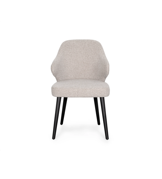Chaise recouverte de tissu, avec pieds laqués noirs.