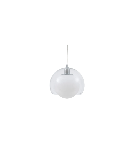 Candeeiro de suspensão em metal cromado com difusor em vidro branco e vidro transparente.