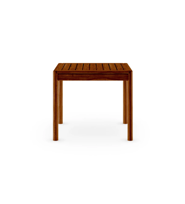 Square dining table in honey-colored natural wood.