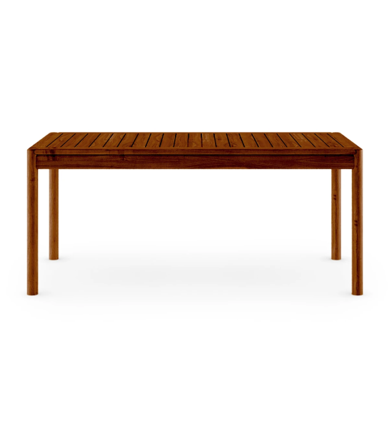 Mesa de comedor rectangular en madera natural color miel.