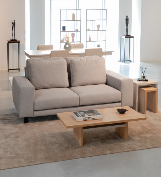 Dallas 2-seater sofa upholstered in beige fabric, folding back cushions, black lacquered feet, 225 cm.