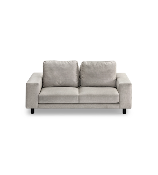 Sofá Dallas 2 plazas tapizado en tela beige, cojines respaldo abatibles, pies lacados en negro, 195 cm.