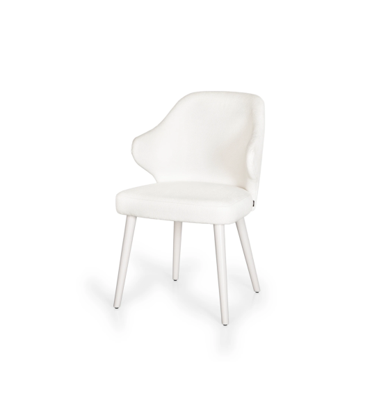 Chair upholstered in white fabric, feet lacquered in pearl.