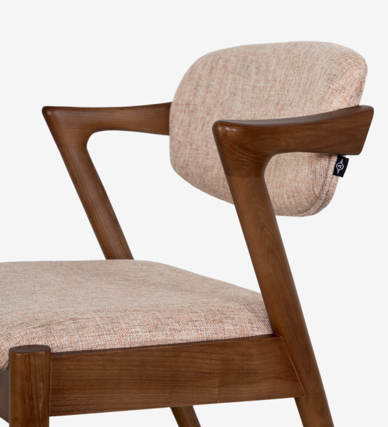 Chair in walnut-colored ash wood, with seat and back upholstered in fabric.