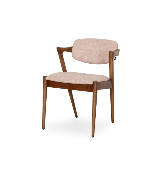 Chaise en bois de frêne couleur noyer, avec assise et dossier rembourrés en tissu.