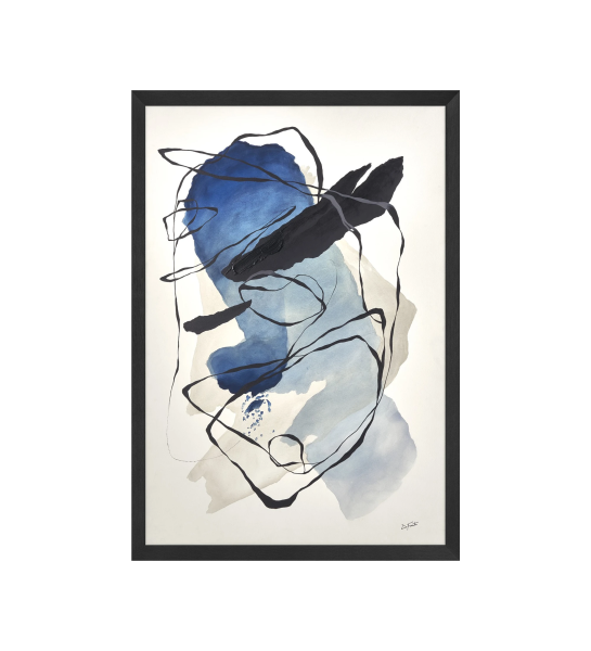 Peinture abstraite bleue, cadre en bois, 90 x 120 cm.