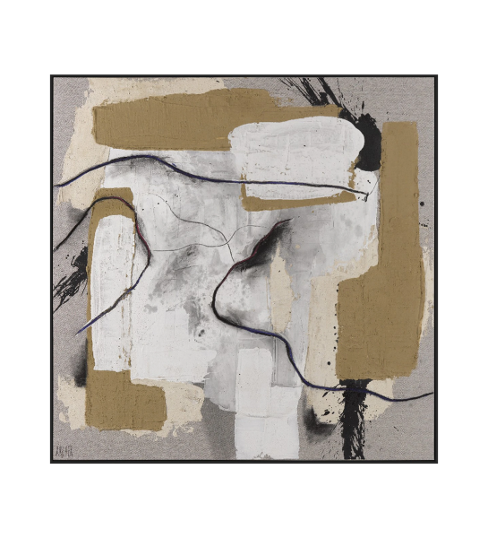 Cuadro abstracto en tonos camel, estructura de madera, 120 x 120 cm.