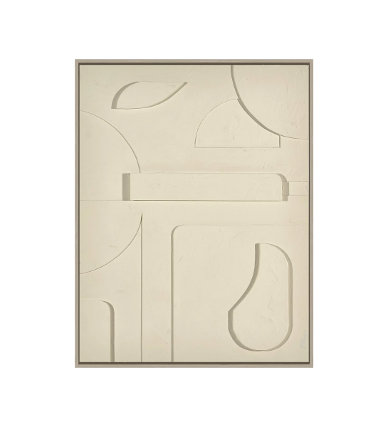 Tableau géométrique beige, cadre en bois, 90 x 120 cm.