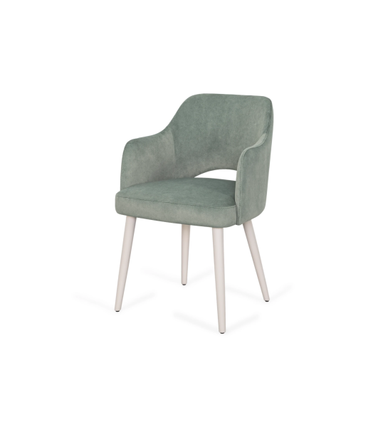 Londres chair with arms upholstered in water green fabric, pearl lacquered feet.