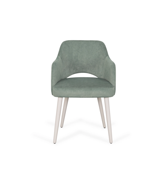 Chaise Londres avec accoudoirs recouvert en tissu vert d'eau, pieds laqués perles.