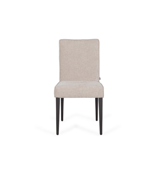 Rio chair upholstered in toffee fabric, black lacquered feet.