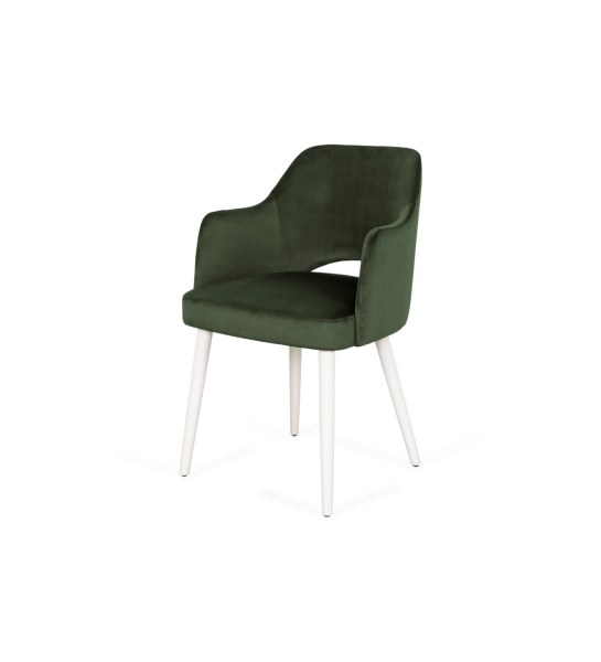 Silla Londres con brazos tapizados en tela verde, pies lacados perla.
