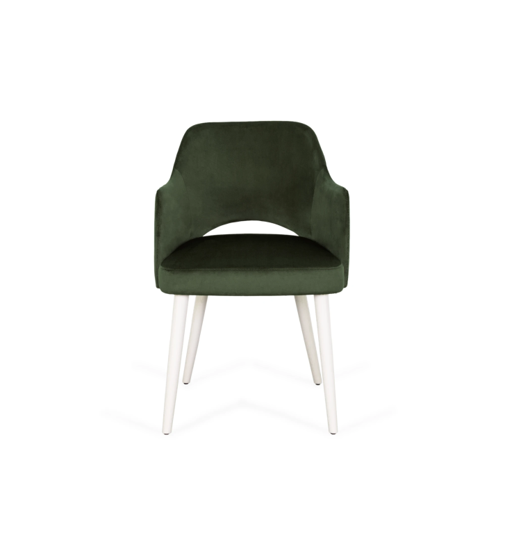 Londres chair with arms upholstered in green fabric, pearl lacquered feet.