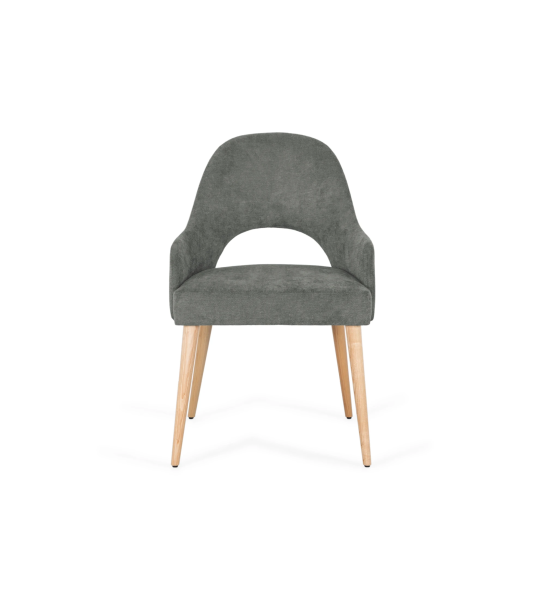 Chaise Paris avec accoudoirs, recouverte de tissu vert, pieds en bois naturel.