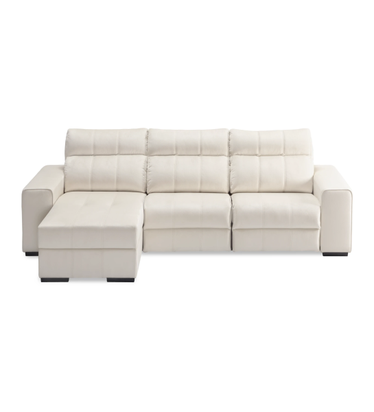 Nice sofá 2 plazas y chaise longue a la izquierda, tapizado en tela beige, sistema relax y almacenaje en chaise longue, 287 cm.