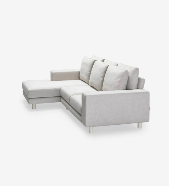 Sofá Dallas 2 plazas y chaise longue izquierda, tapizado en tela beige, cojines respaldo abatibles, pies lacados perla, 273 cm.