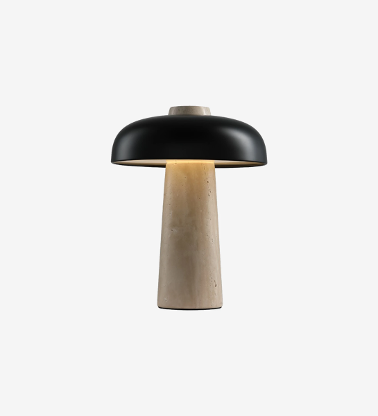 Table lamp with beige stone base and black aluminum lampshade.