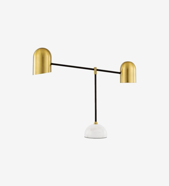 Table lamp with black metal and marble base and golden aluminum lampshade.