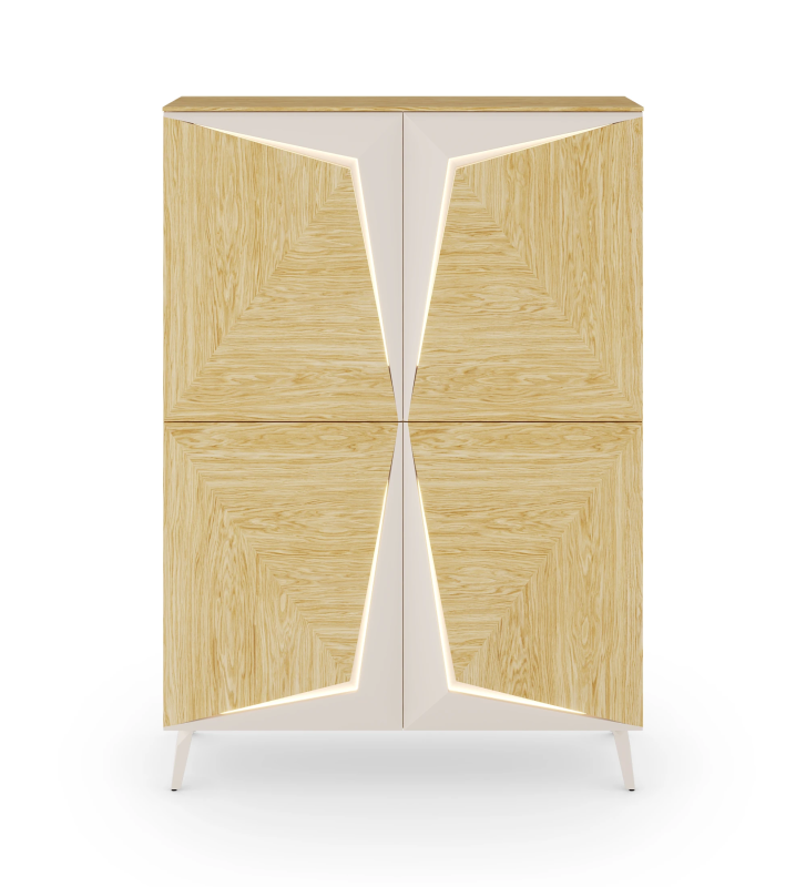 Vaisselier lumineux, 4 portes en chêne naturel avec détails en perles, avec structure en chêne naturel et pied en métal laqué perle.