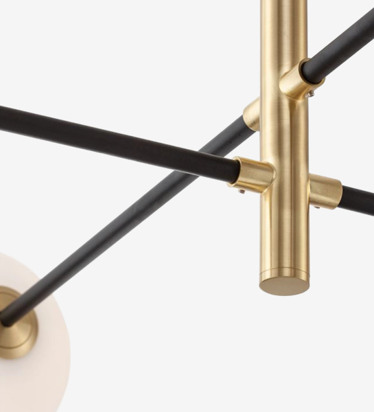  Suspension Lamp in satin gold, black metal and white opal glass.