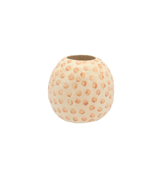 Handmade vase in cream papier-mâché with nougat-colored polka dots.