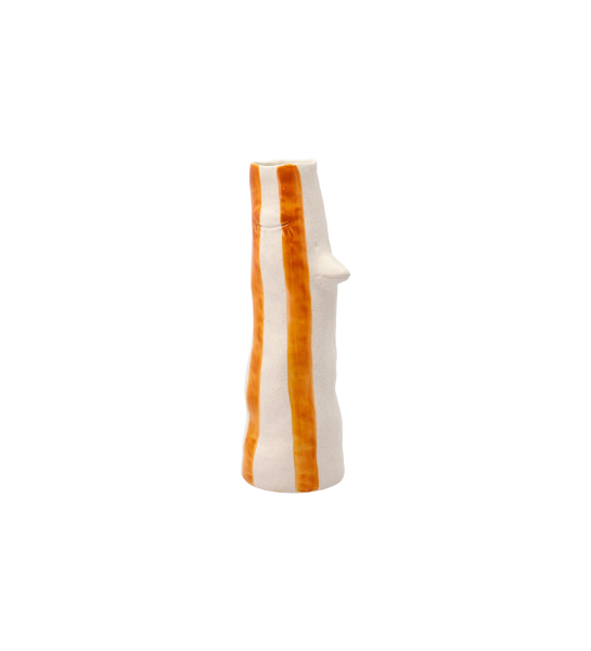Stoneware vase with spout and eyelashes, decorated with hand-painted orange stripes.