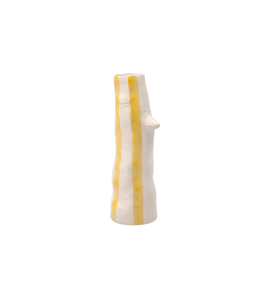 Stoneware vase with spout and eyelashes, decorated with hand-painted yellow stripes.