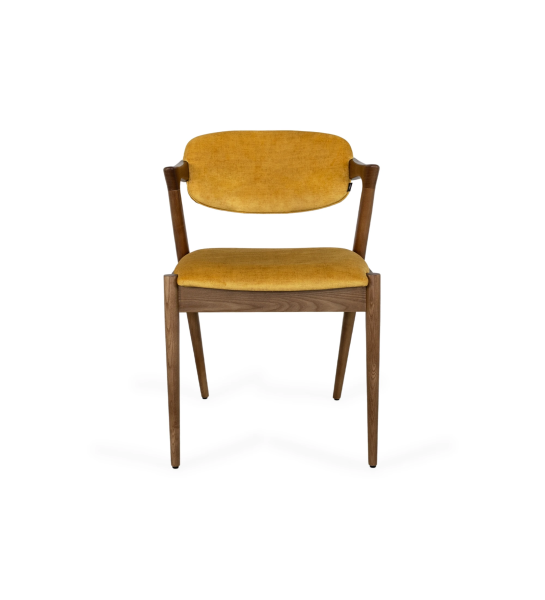 Chair with walnut wood structure, with seat and back upholstered in fabric.