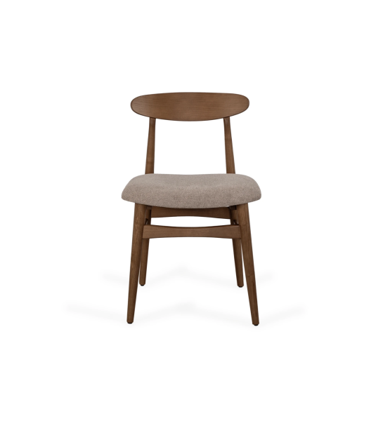 Chaise avec structure en bois de noyer et assise rembourrée en tissu.