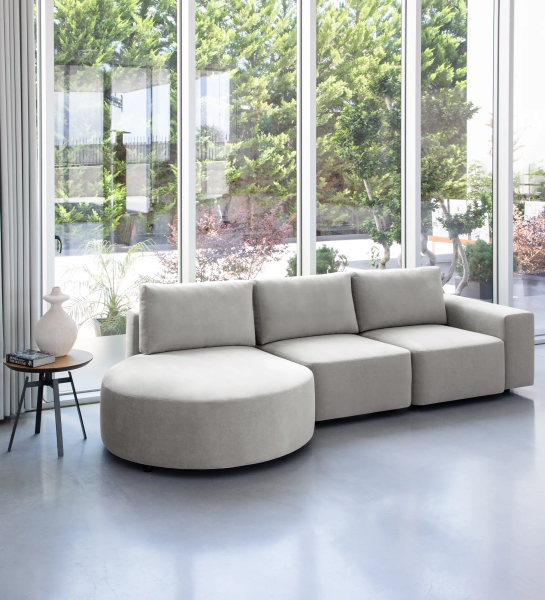 Paris 2-seater sofa and left chaise longue, upholstered in gray fabric, 307 cm.