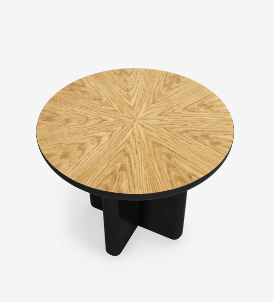 Mónaco round center table in black lacquer with natural oak veneer top, Ø 55 cm.