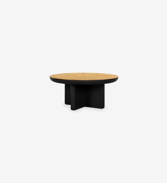 Mónaco round center table in black lacquer with natural oak veneer top, Ø 75 cm.