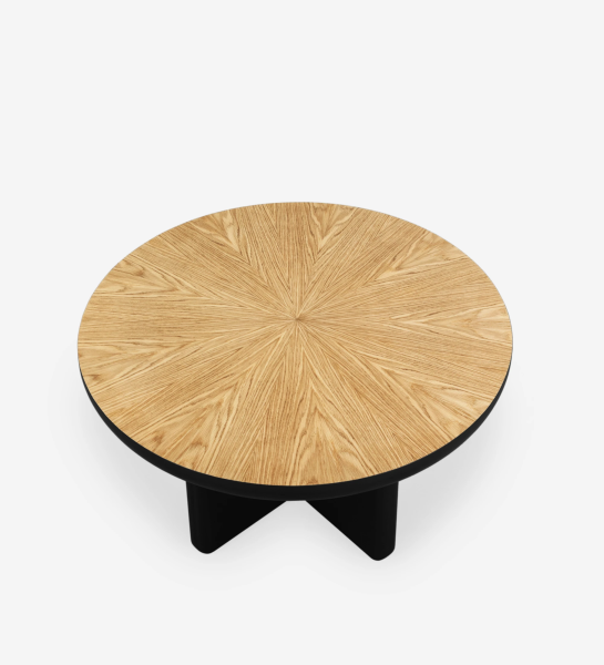 Mónaco round center table in black lacquer with natural oak veneer top, Ø 75 cm.