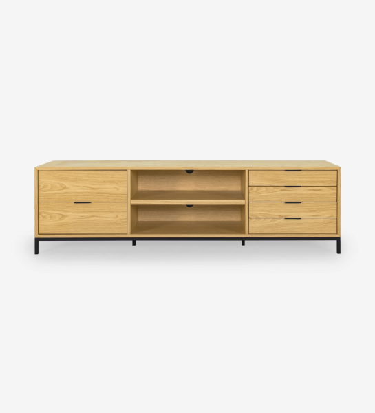 Antarte by AI TV stand 1 door and 4 drawers in natural oak, black lacquered metal feet, 195 x 56 cm.